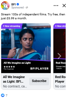 Example ad with creative asset for Arke's campaign for the British Film Institute's BFI Player.