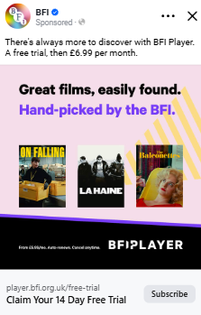 Example ad with creative asset for Arke's campaign for the British Film Institute's BFI Player.