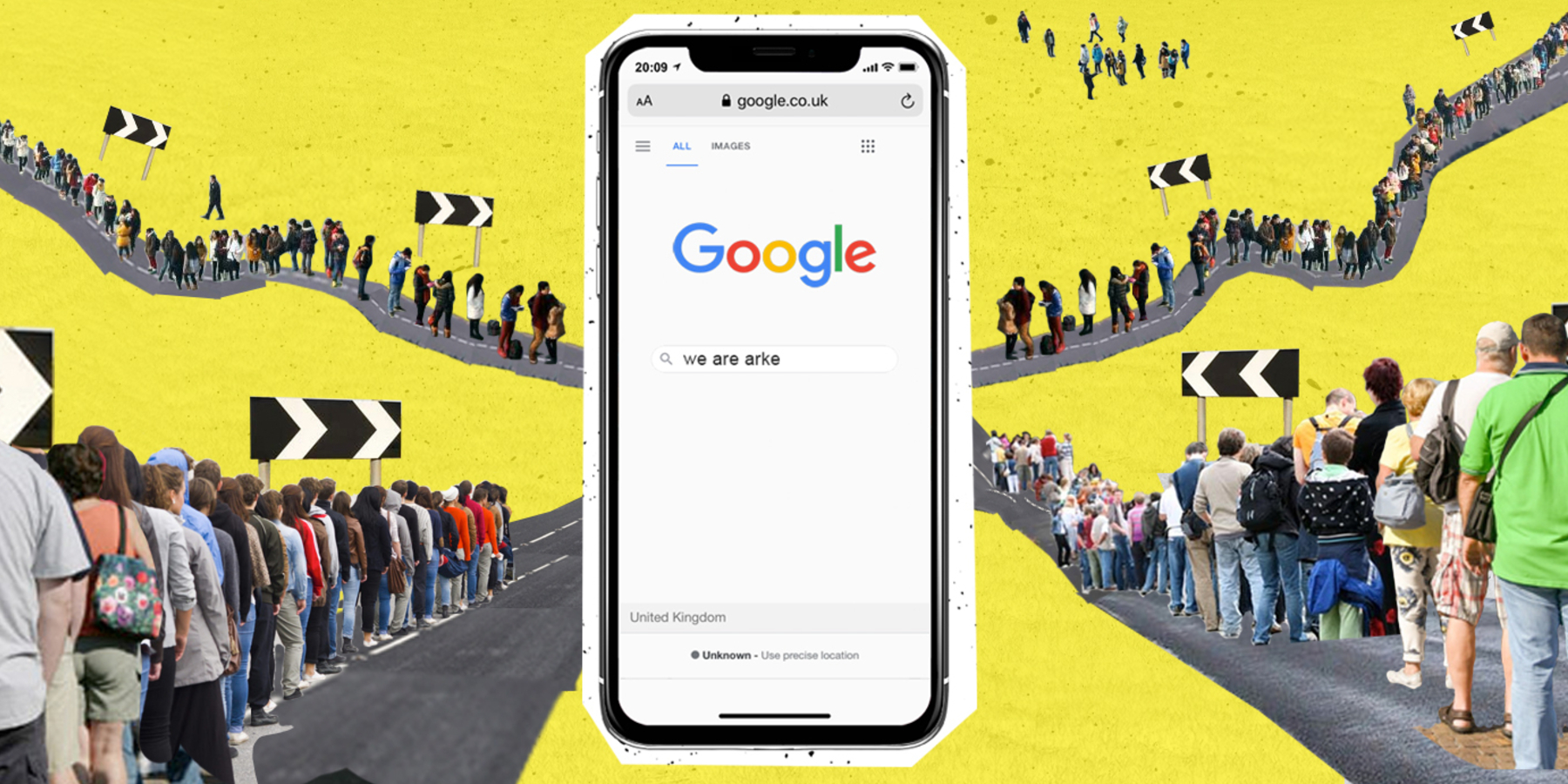 google on phone with people in queues