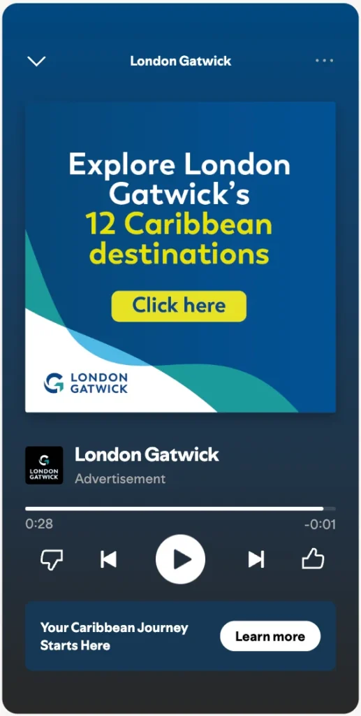 London Gatwick ad on spotify