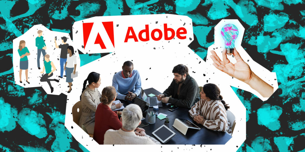 group round a table with the adobe logo