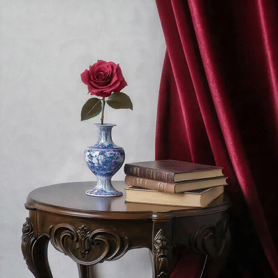 An example of AI generated video with a specific prompt: The initial frame shows a rose in a white and blue china vase with a pile of old books, on top of an antique old tale with a draped red velvet curtain in the background. A hand picks up the vase with the rose off of the table and a second hand dusts the books with a pink feather duster. This gif highlights the importance of specificity in your prompts when generating marketing creatives.