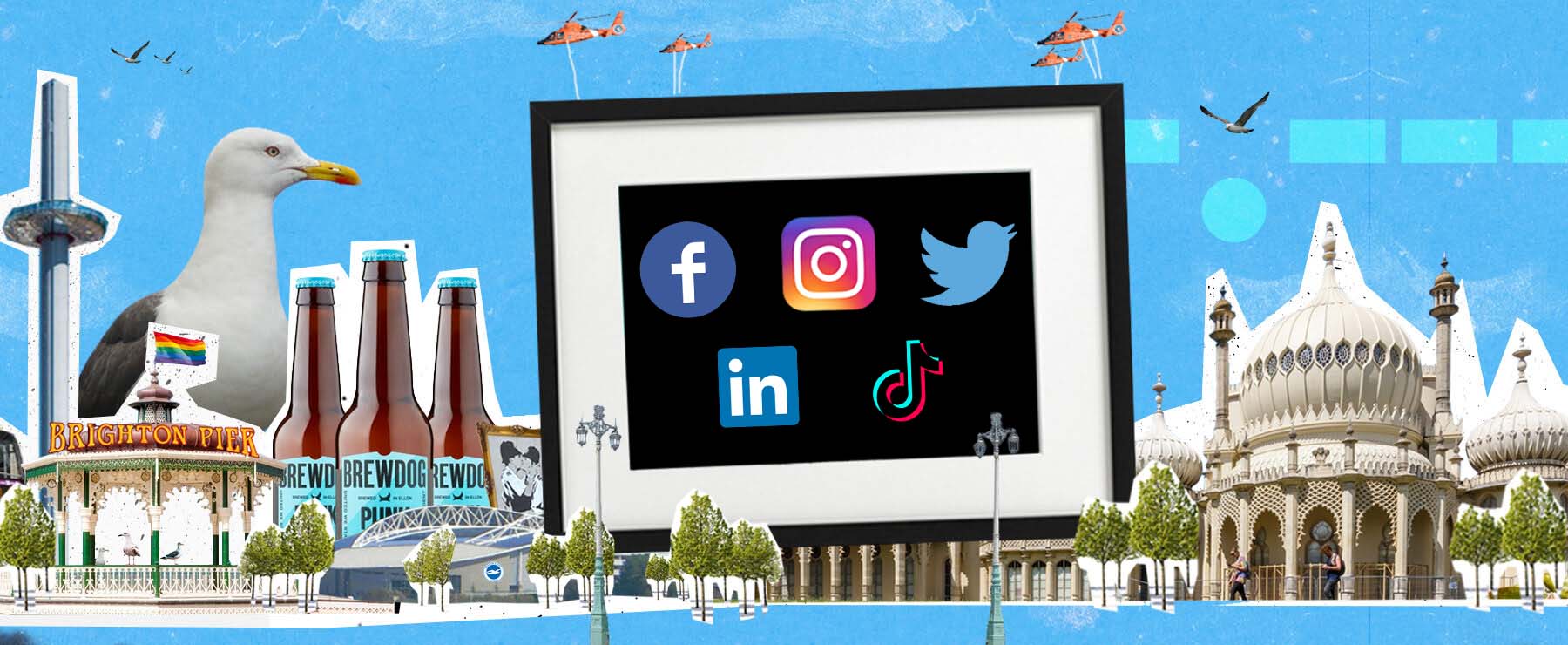 Brighton landmarks with social media logos