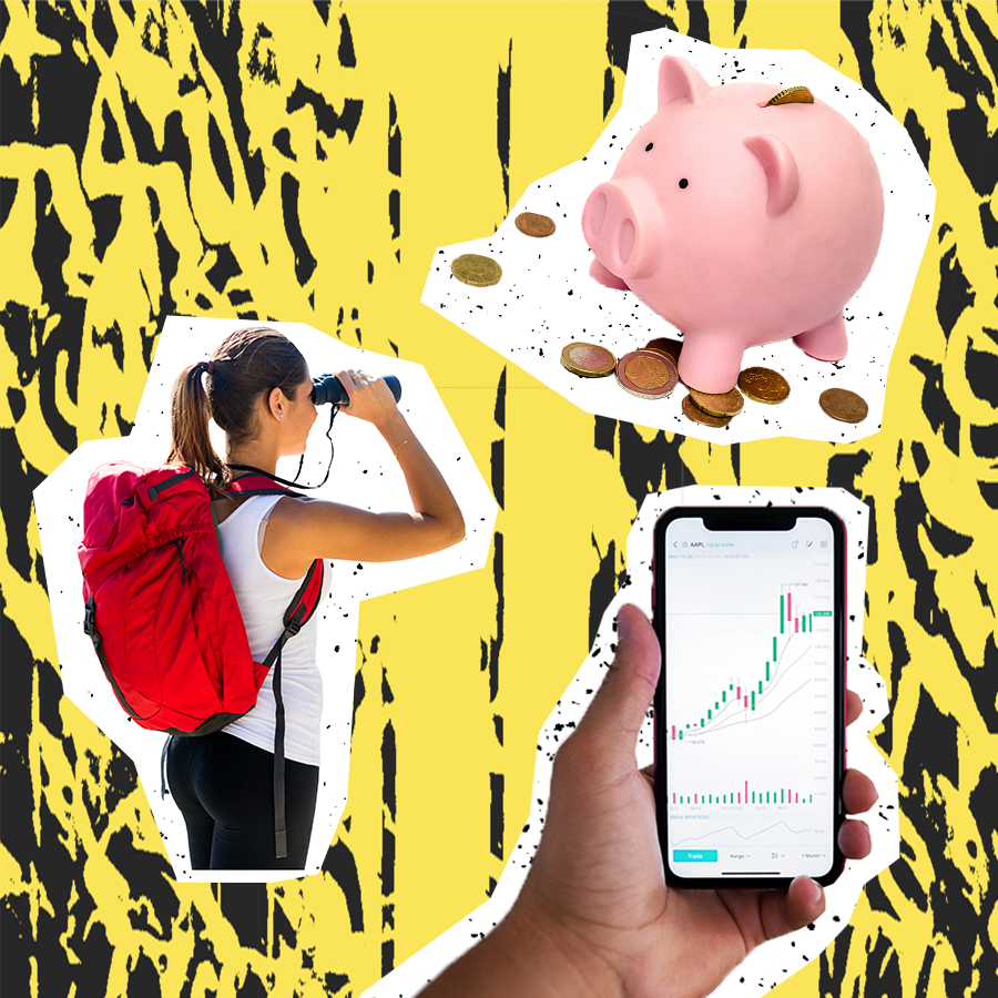 woman looking at piggy bank