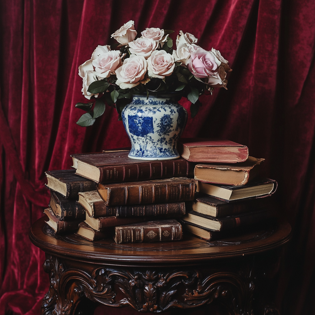Generation without the reference image, highlighting the importance of laying a solid foundation when generating marketing creatives. The image shows a bouquet of roses in a white and blue china vase on top of a pile of old books on top of an antique old tale with a draped red velvet curtain in the background.